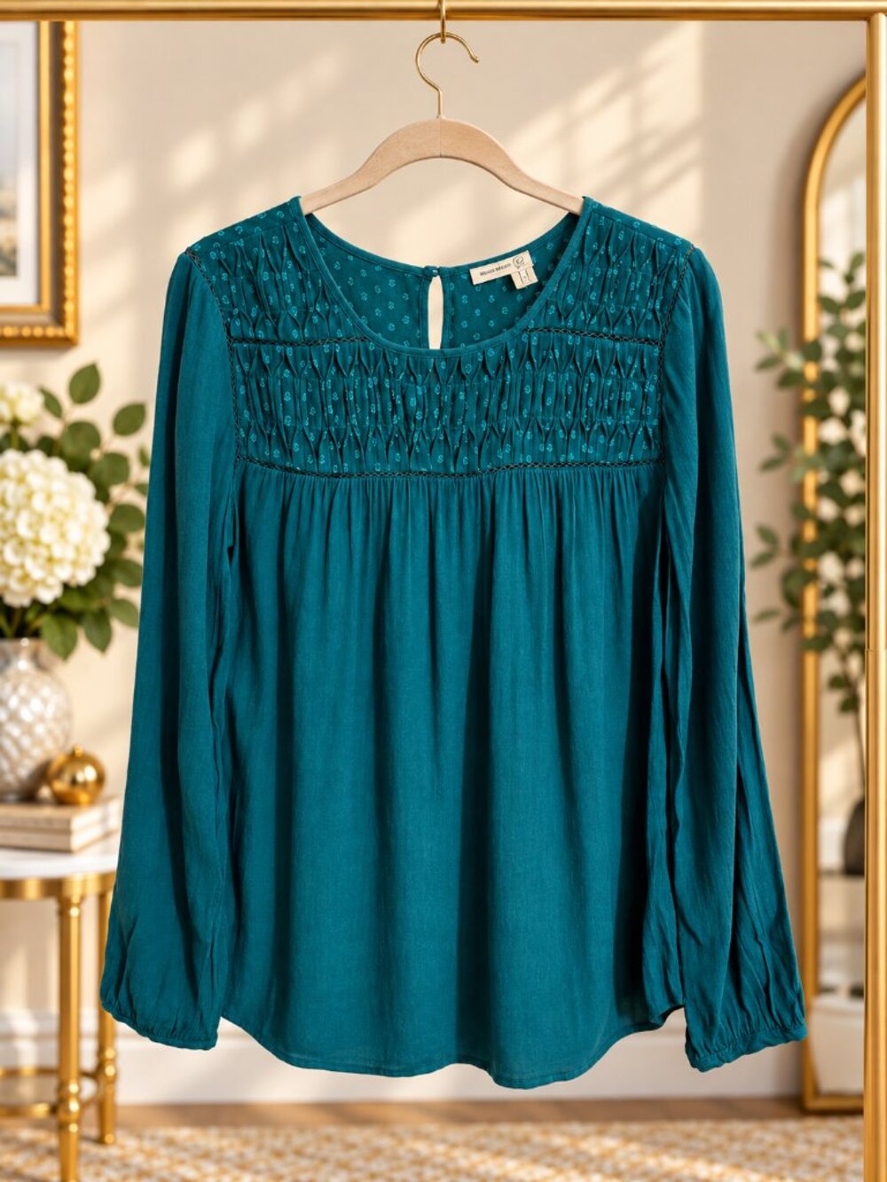 Anthropologie Meadow Rue Teal Swiss Dot Smocked Blouse Size 6